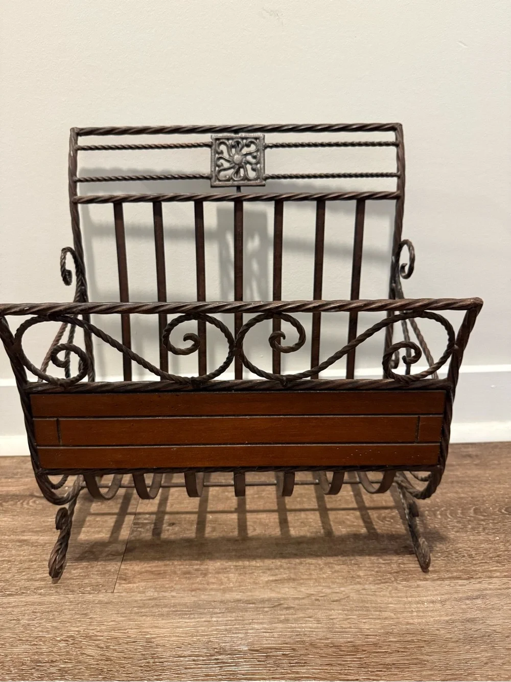 Ornate Brown Metal & Wood Home Accent Magazine Rack